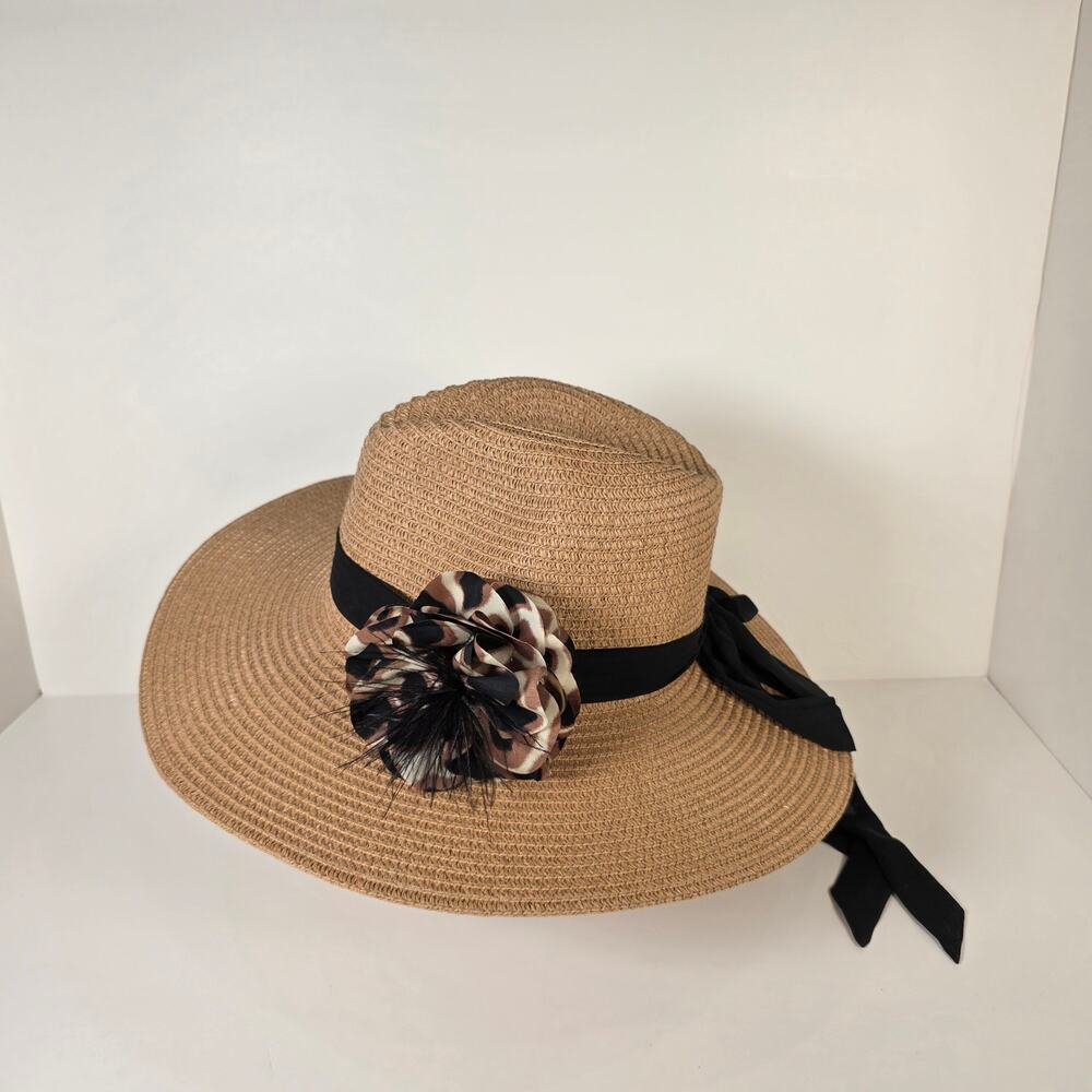 VINCE CAMUTO Natural Straw Hat 4" Wide Brim Black Fabric Band Printed Floral Pin